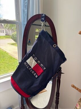 90s retro Tommy Hilfiger Navy Canvas Duffle Bag with Signature Flag